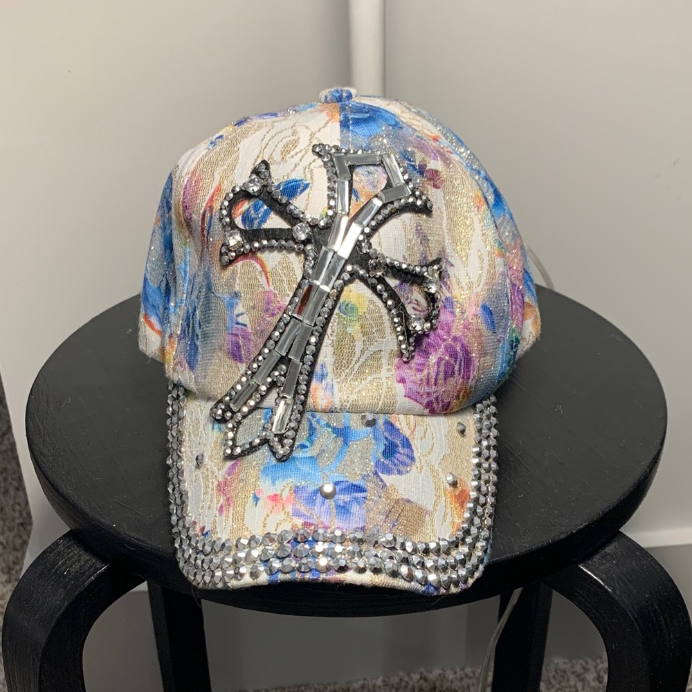Floral Cap with Rhinestone Cross
